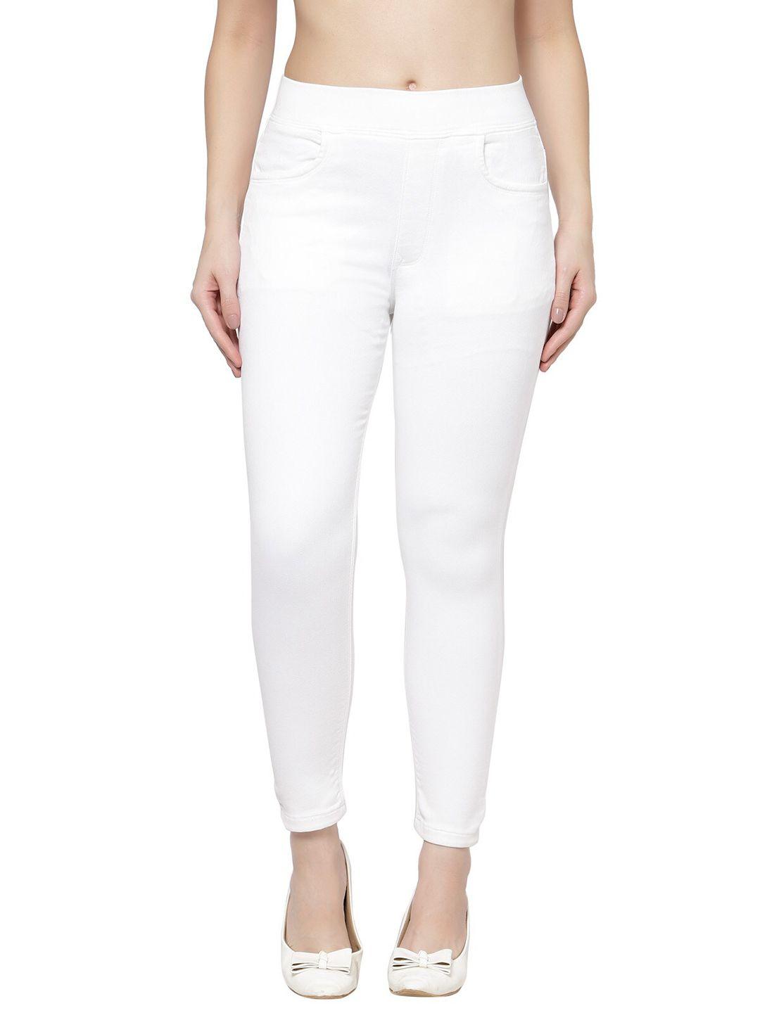 prag & co women white solid skinny-fit super combed cotton jeggings