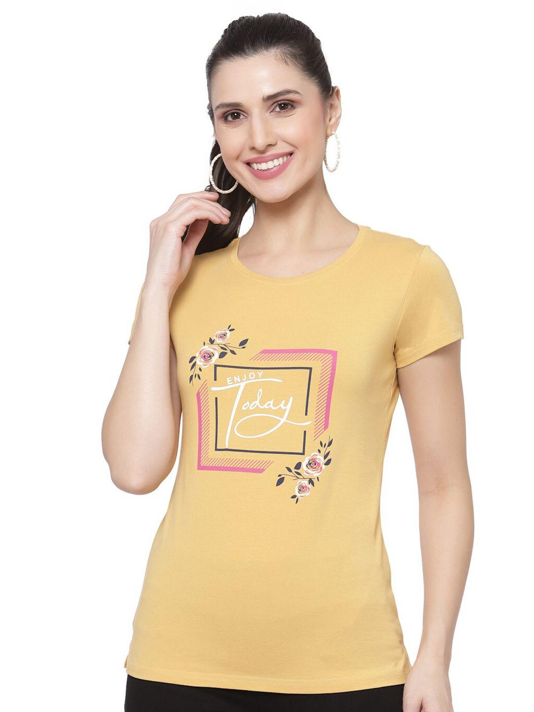 prag & co women yellow typography printed cotton antimicrobial t-shirt