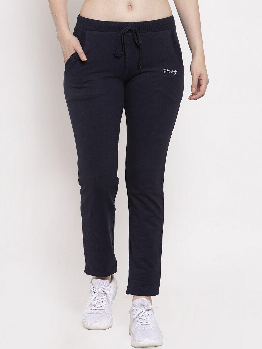 prag & co navy blue cotton tapered fit track pant