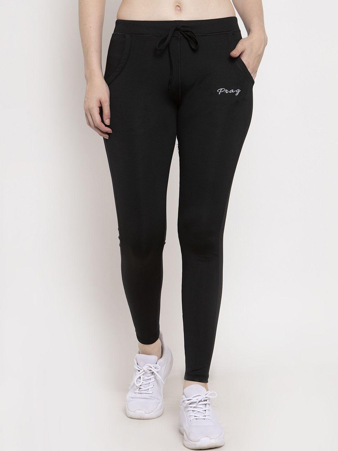 prag & co women black solid rapid-dry fit organic cotton track pants