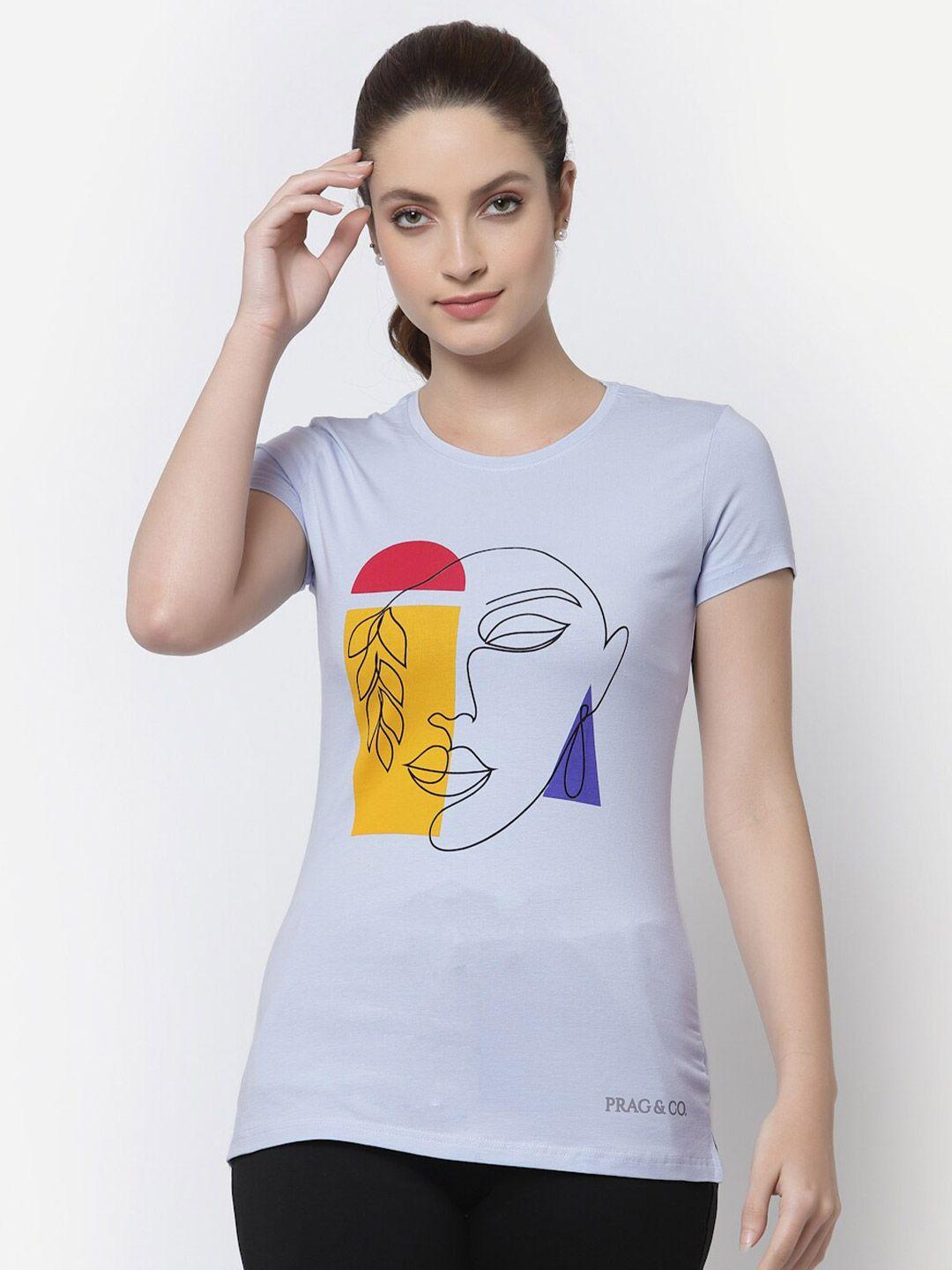 prag & co women blue printed antimicrobial t-shirt