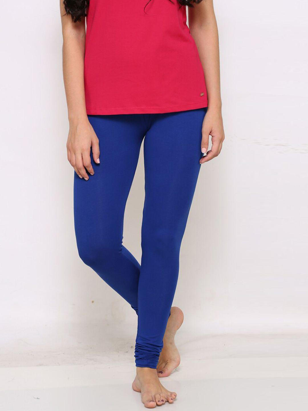 prag & co women blue solid churidar-length super combed cotton leggings