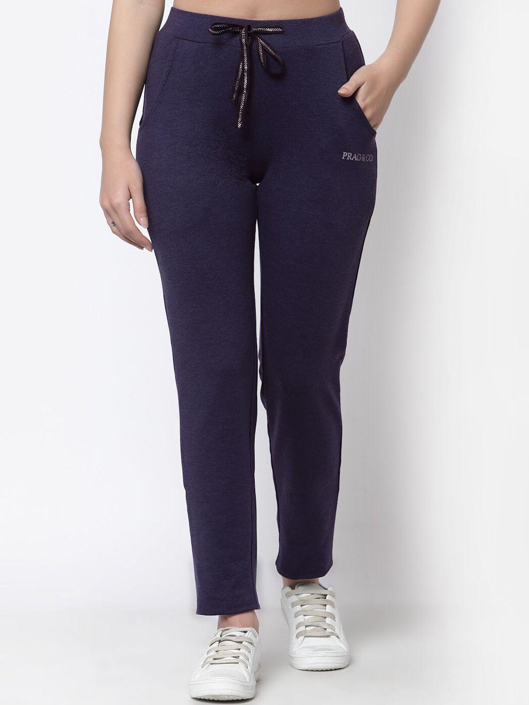 prag & co women denim-blue solid cotton anti-microbial track pant