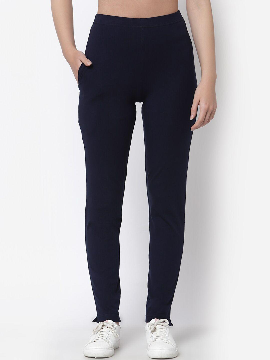 prag & co women navy blue cotton antimicrobial track pant