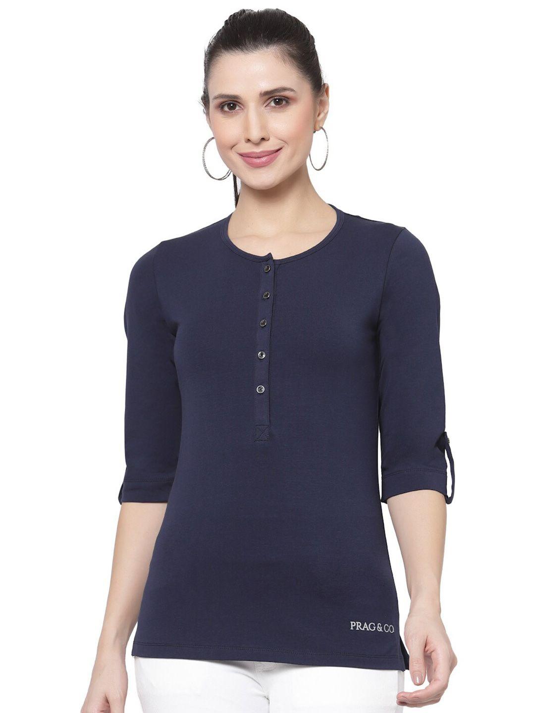 prag & co women navy blue henley neck roll-up sleeves antimicrobial t-shirt