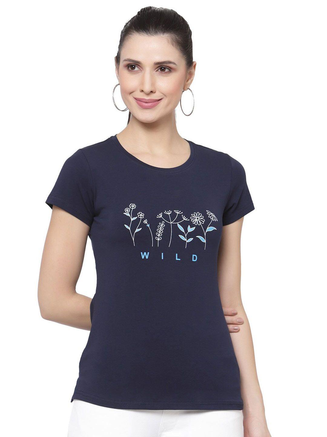 prag & co women navy blue printed antimicrobial t-shirt