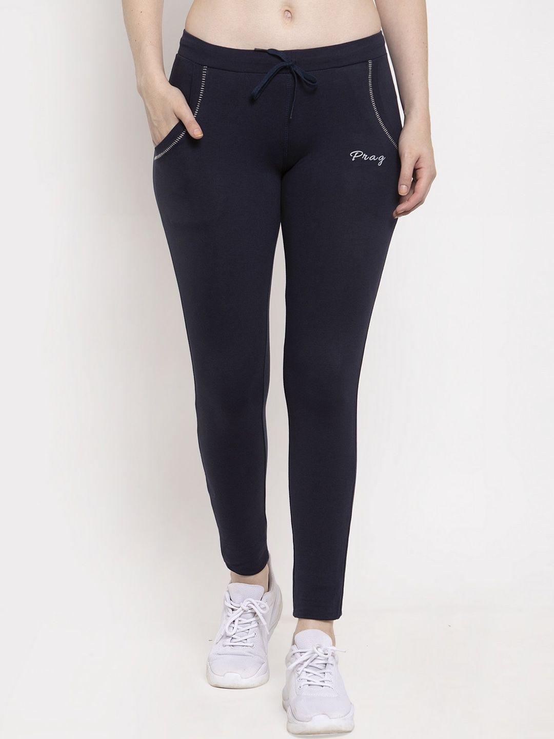 prag & co women navy blue solid cotton track pants