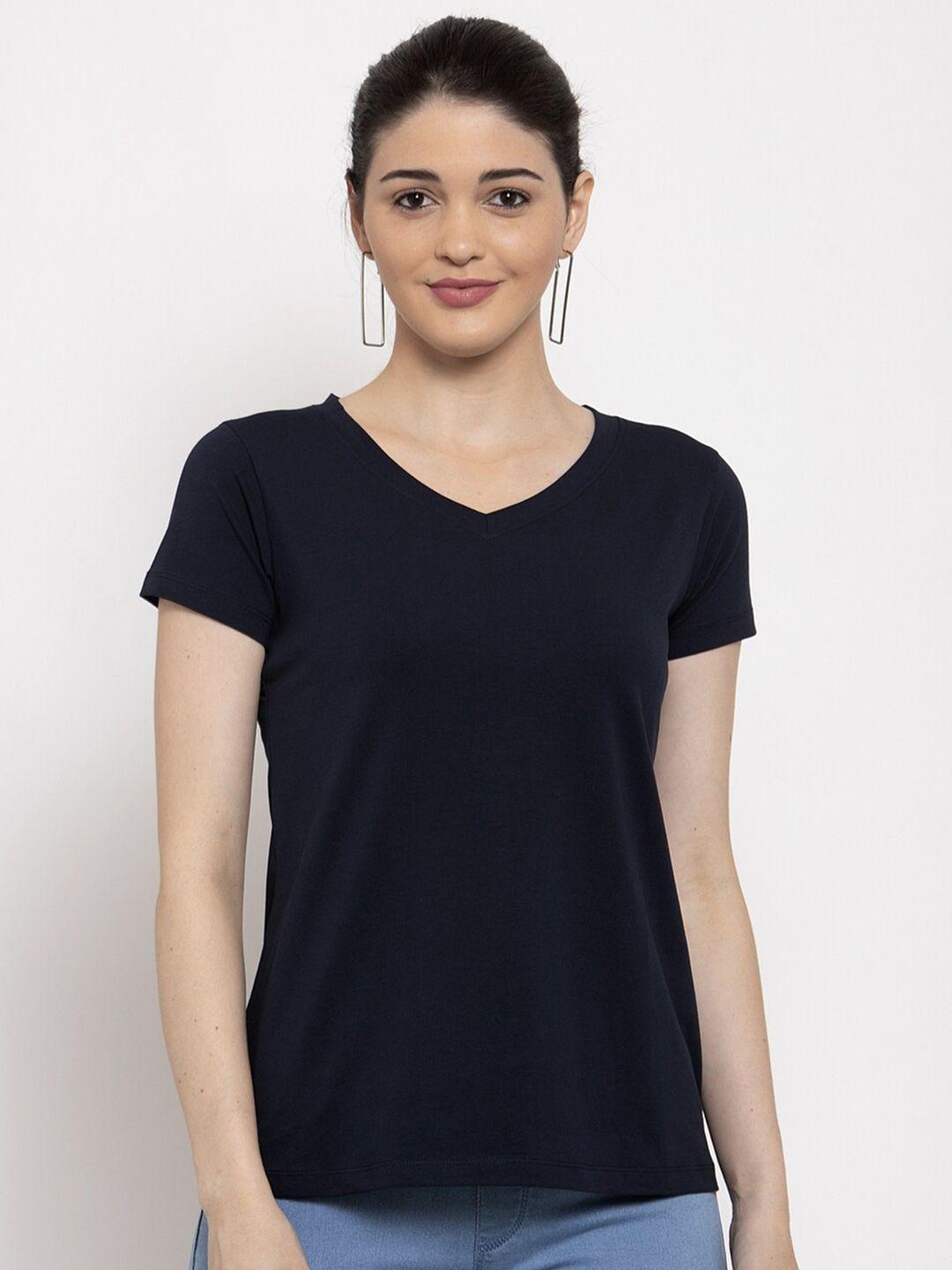 prag & co women navy blue solid v-neck t-shirt