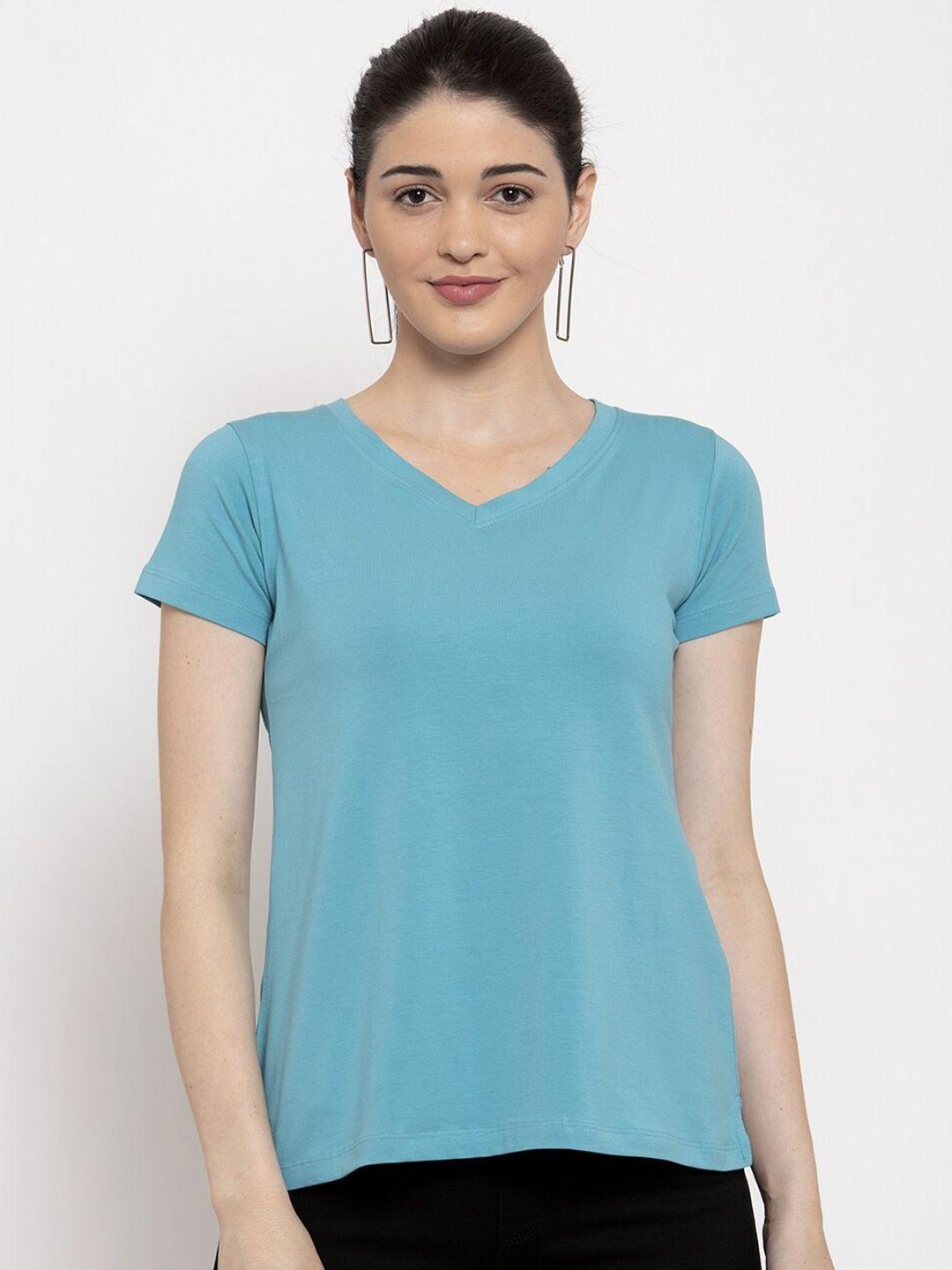 prag & co women turquoise blue v-neck t-shirt