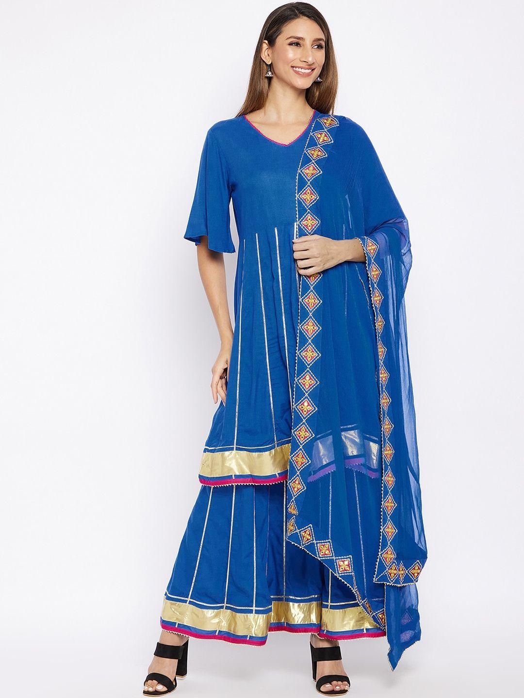 prakhya women blue & gold coloured panelled gotta patti kurta with sharara & dupatta