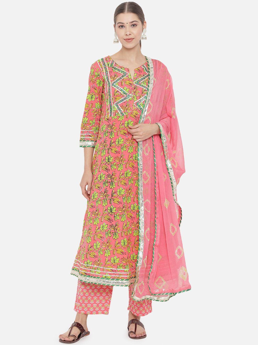 prakhya women pink floral printed panelled mirror work pure cotton kurta with trousers & with dupatta