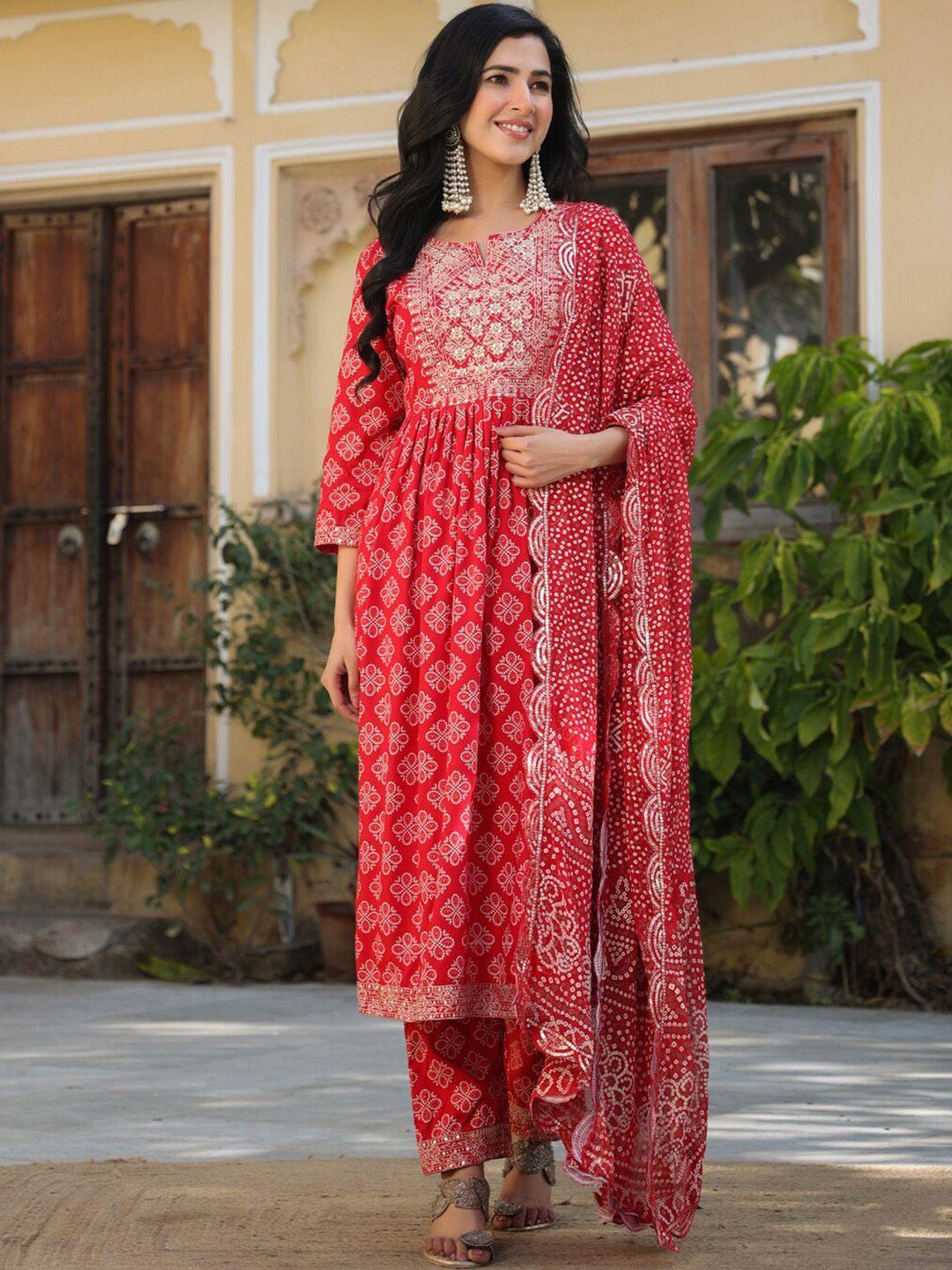 prakhya bandhani printed thread work detailed a-line kurta & trousers with dupatta