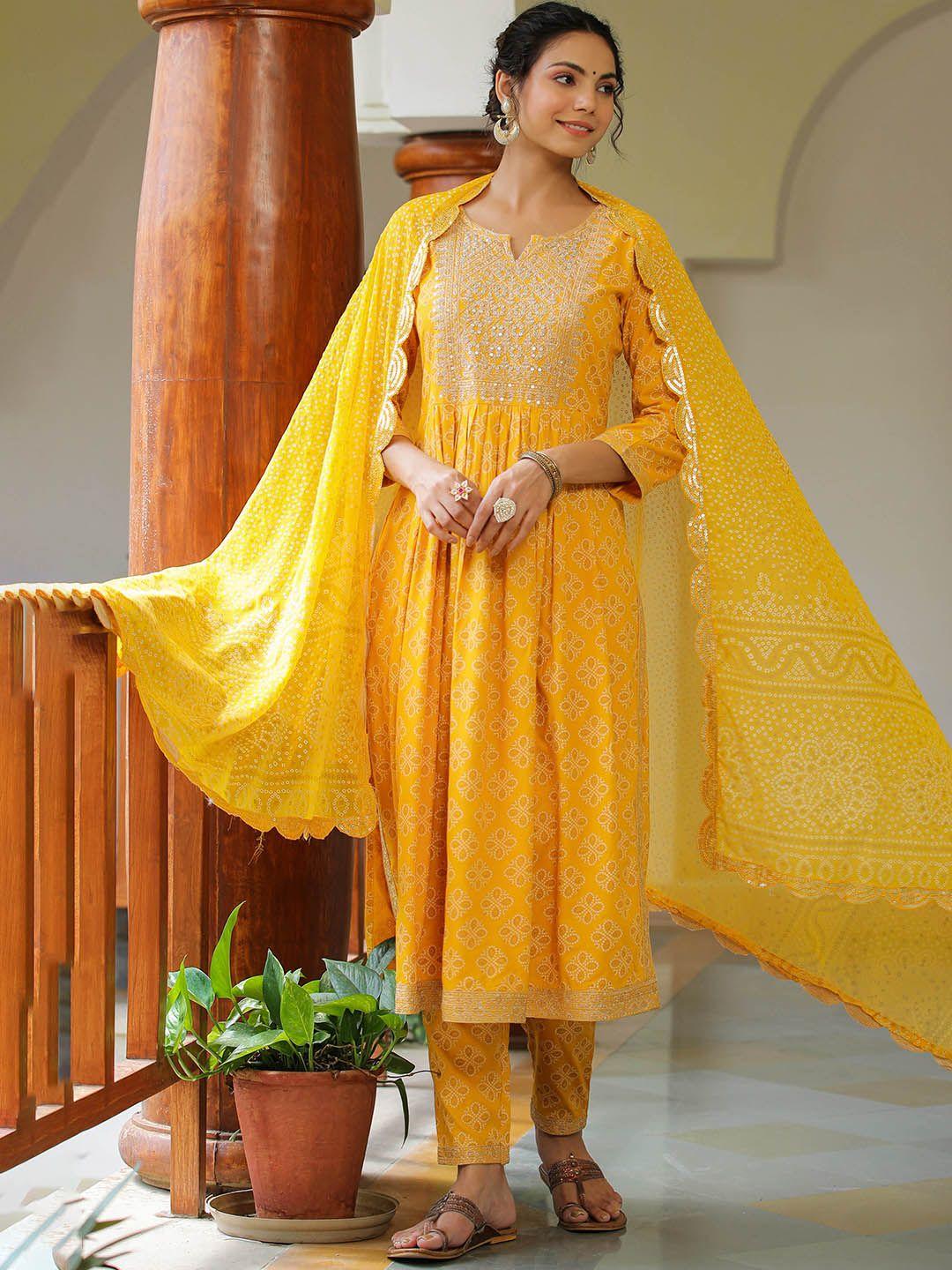 prakhya bandhani printed thread work detailed a-line kurta & trousers with dupatta