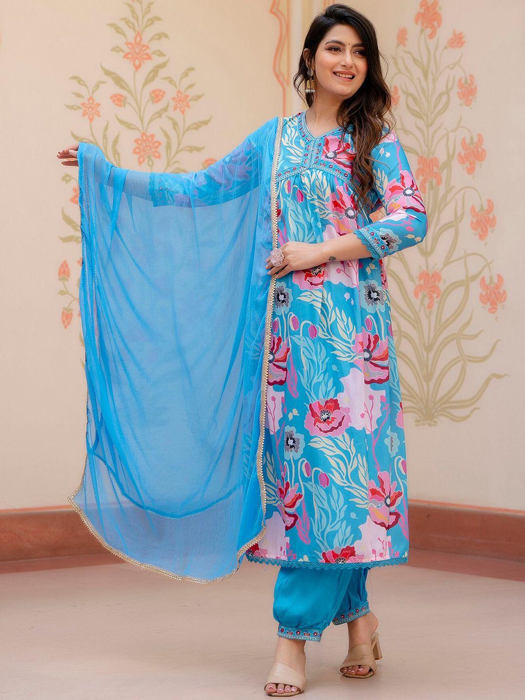 prakhya floral embroidered empire mirror work pure cotton kurta with palazzos & dupatta