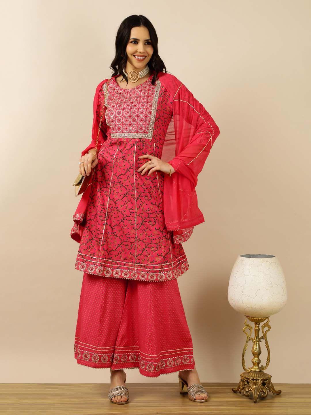 prakhya floral embroidered thread work a-line kurta with palazzos & dupatta