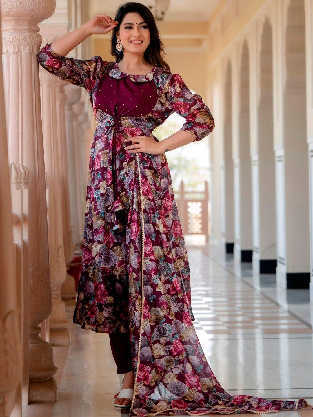 prakhya floral printed pater pan collar anarkali kurta with trouser & dupatta