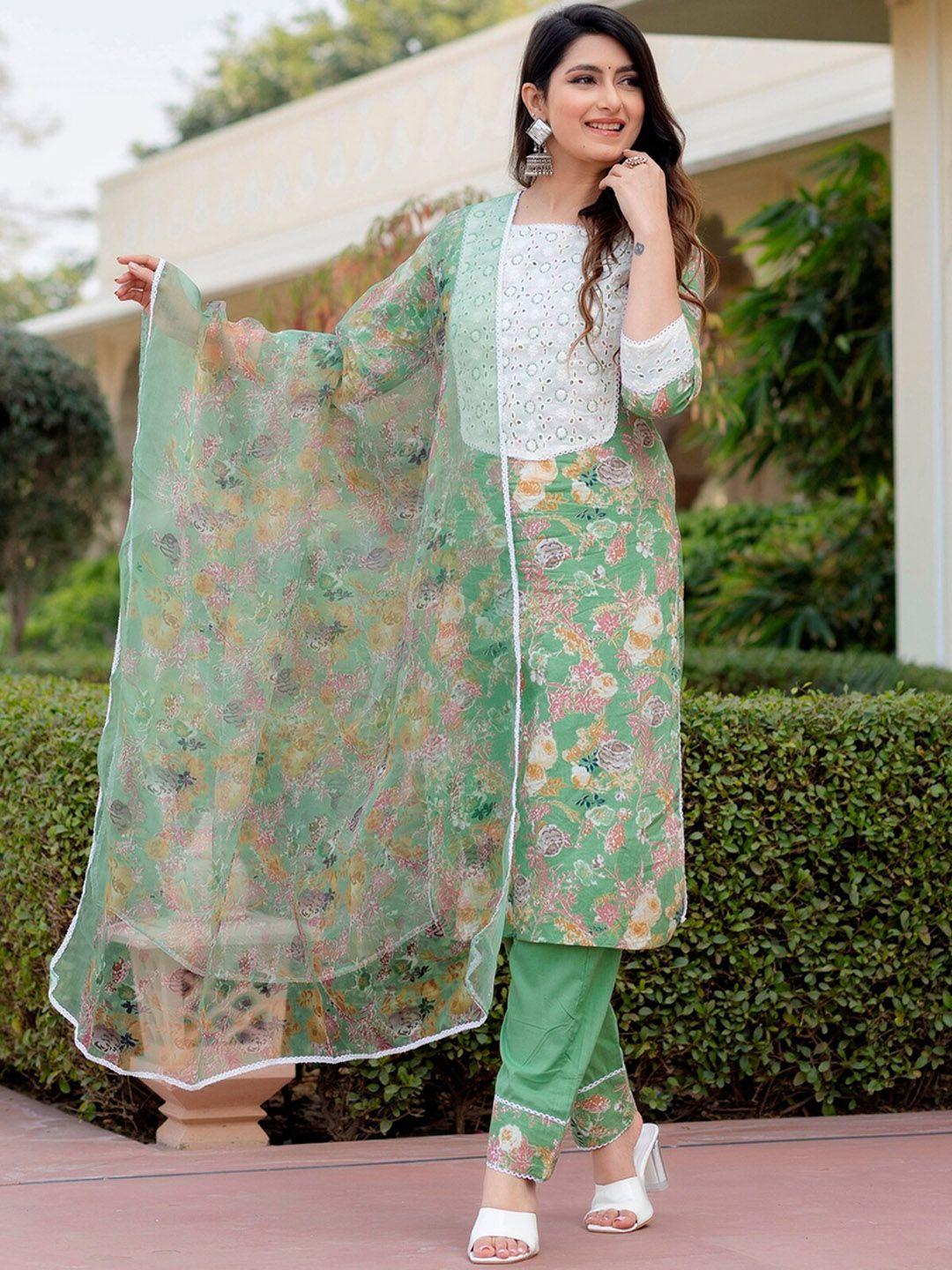prakhya floral printed pure cotton straight kurta with trouser & dupatta