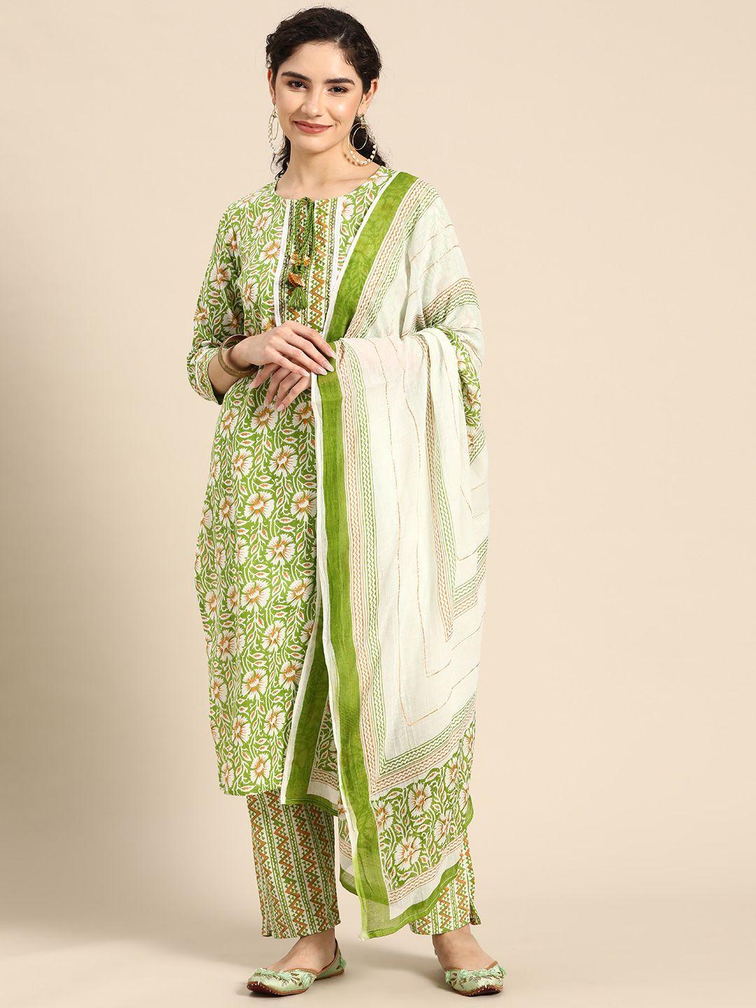 prakhya floral printed regular sequinned pure cotton kurta with palazzos & with dupatta