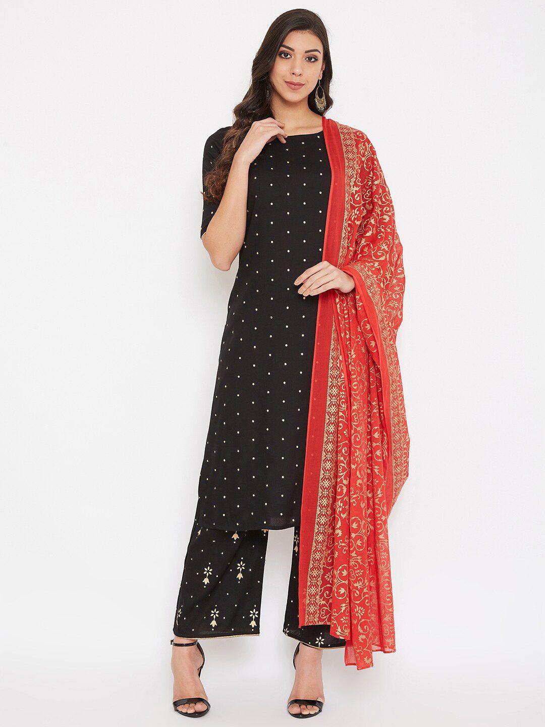 prakhya women black & gold-toned printed kurta with churidar & dupatta