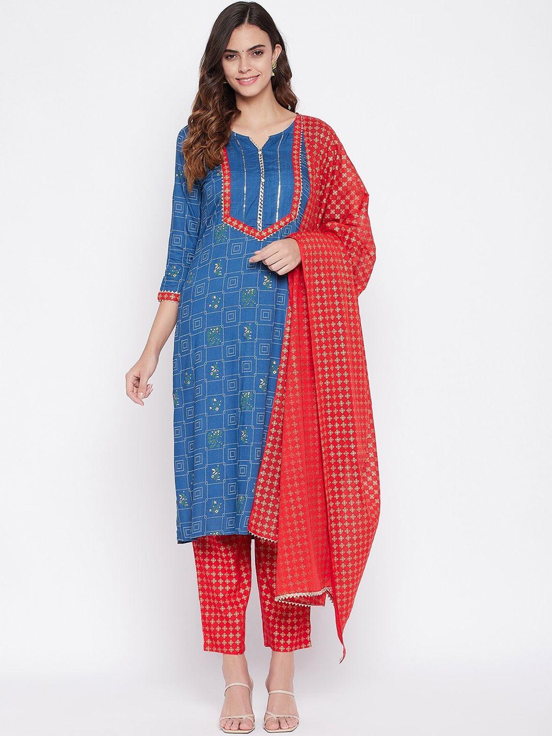 prakhya women blue ethnic motifs printed panelled kurta with trousers & with dupatta