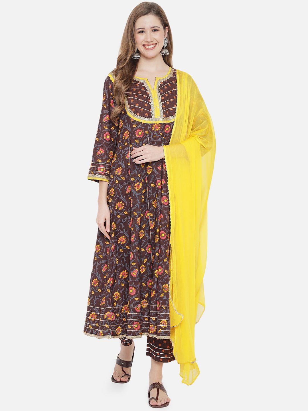 prakhya women brown floral printed pleated pure cotton kurta with trousers & with dupatta