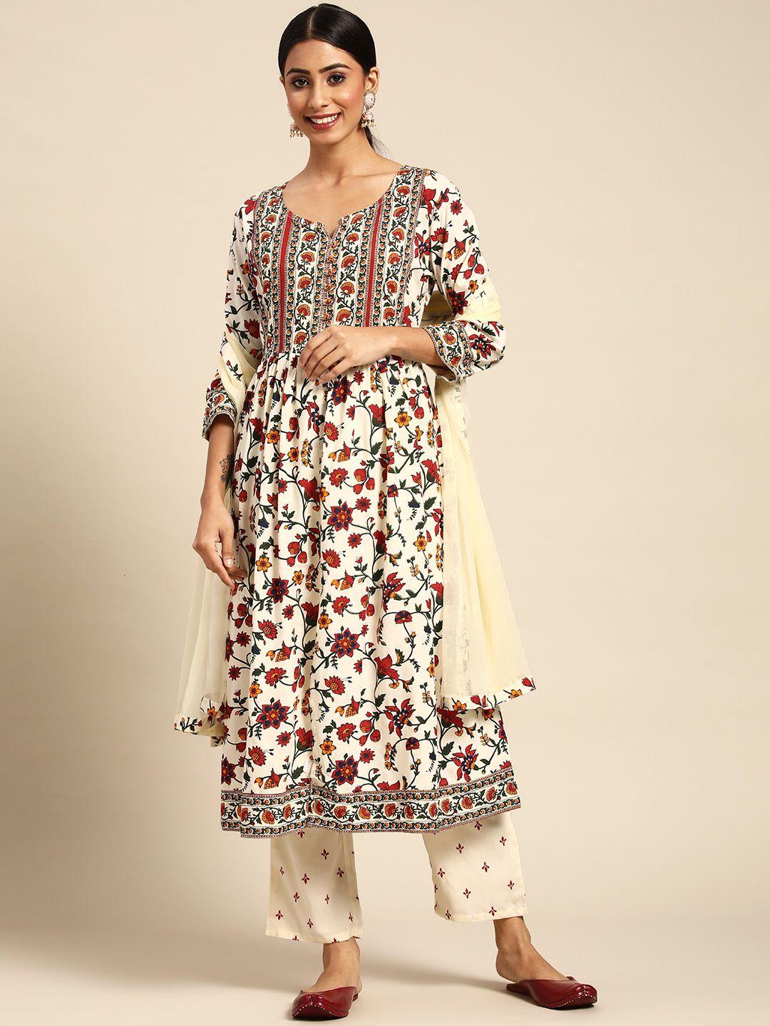 prakhya women cream-coloured printed kurta with palazzos & dupatta