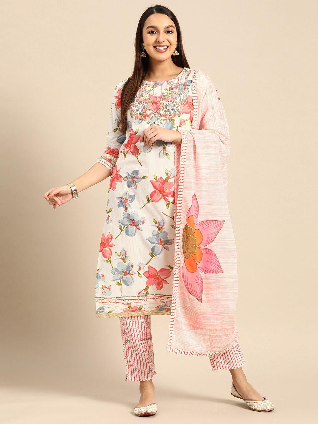 prakhya women floral printed pure cotton kurta with palazzos & dupatta