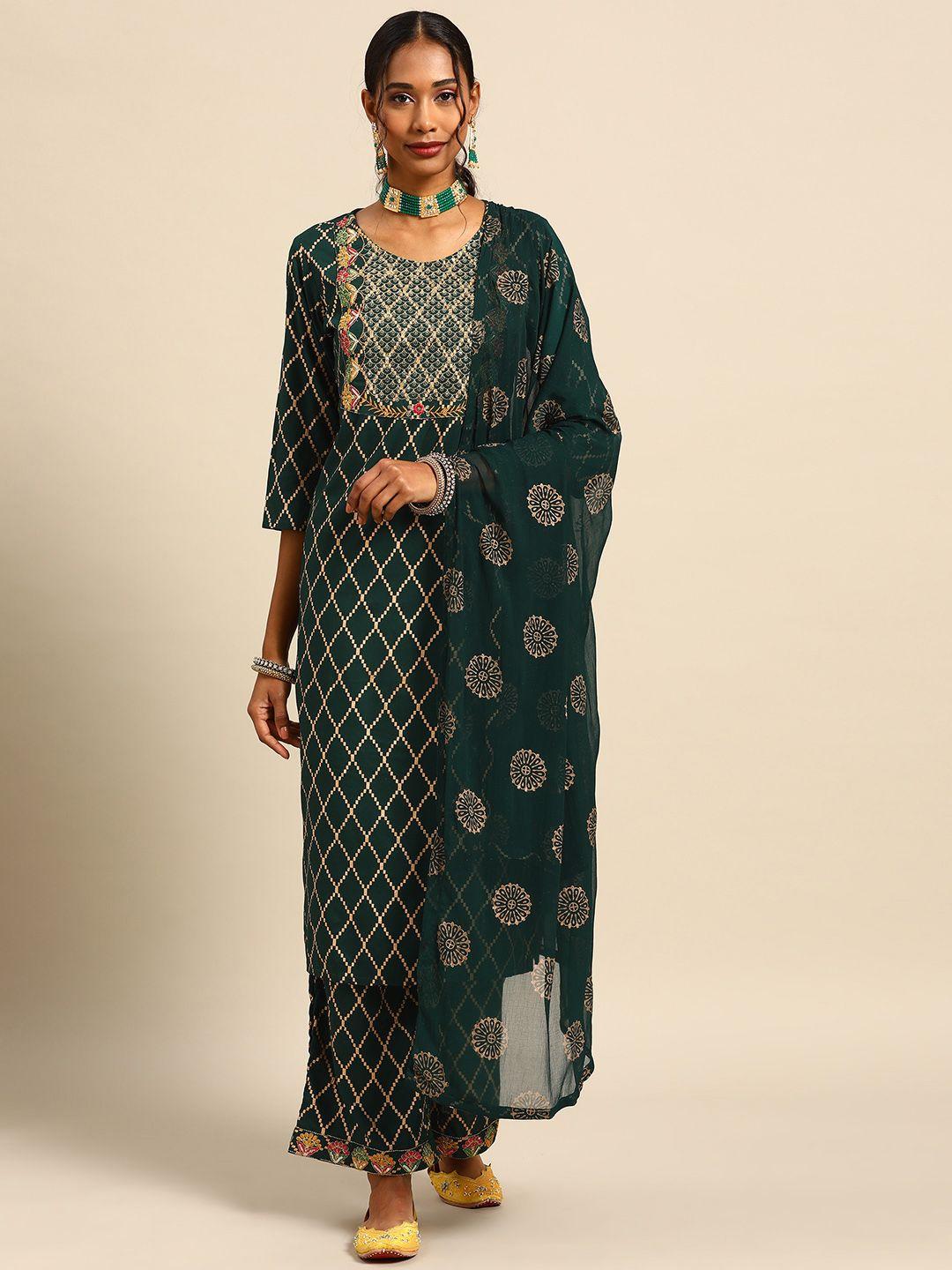 prakhya women green printed kurta set & dupatta with sequinned detail