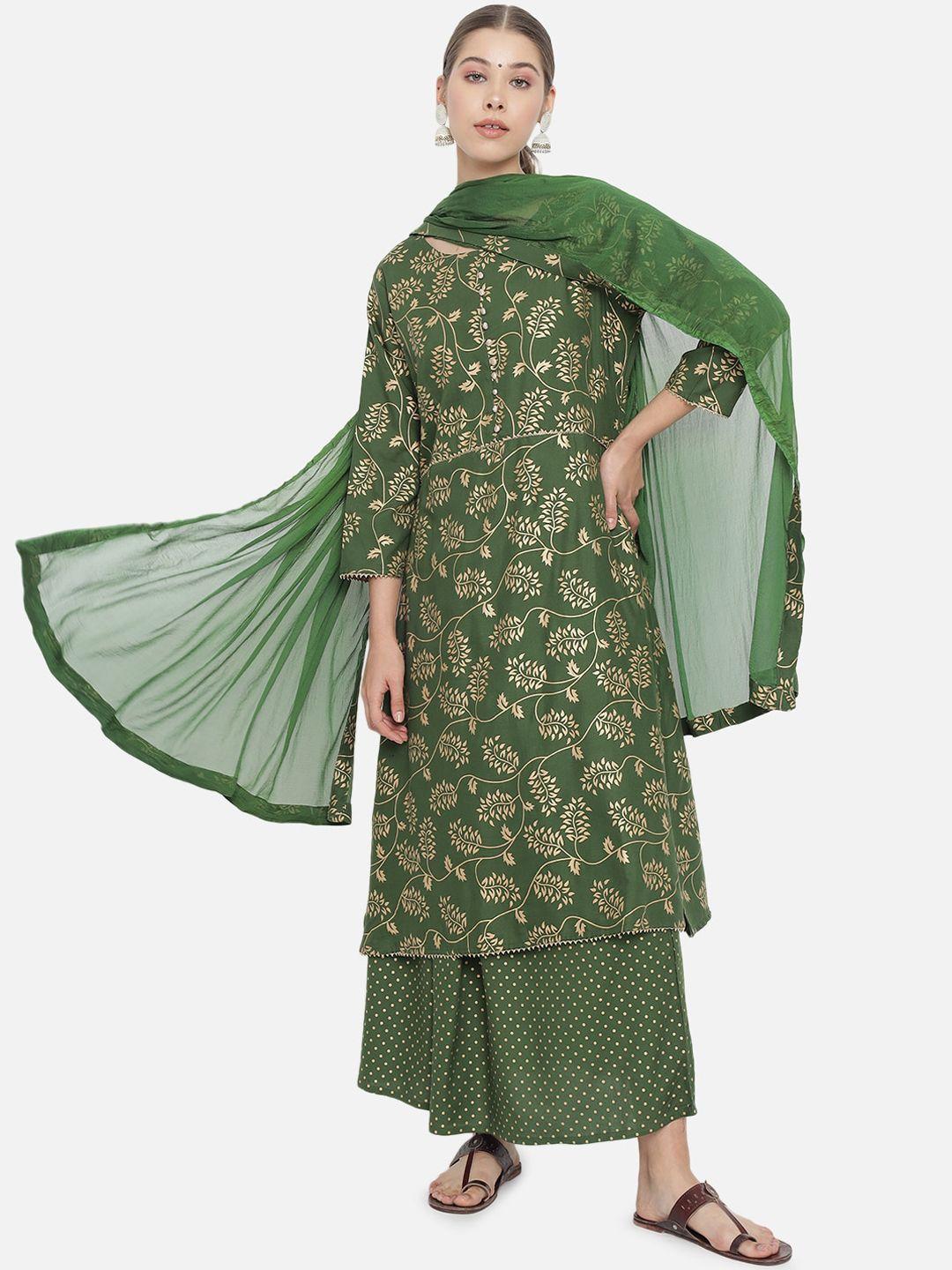 prakhya women green printed kurta with palazzos & dupatta