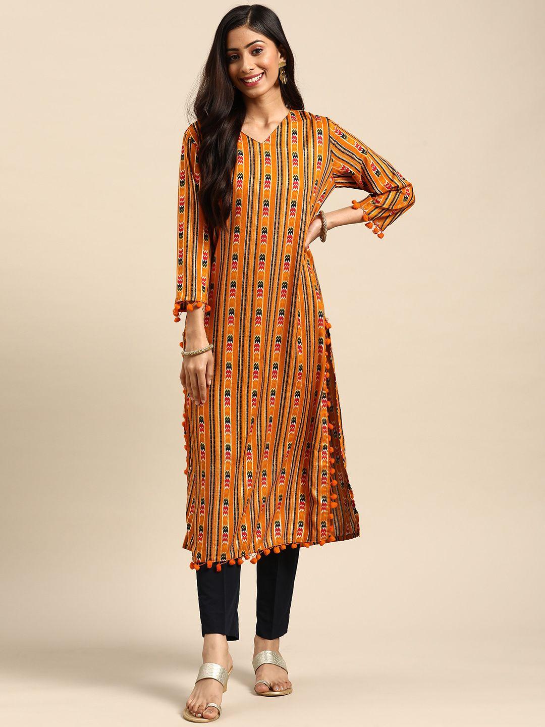 prakhya women mustard yellow & white ethnic motifs print straight kurta