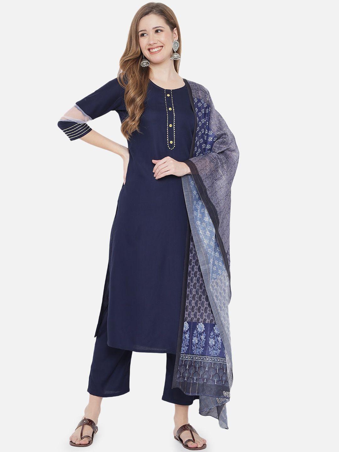 prakhya women navy blue kurta with trousers & with dupatta