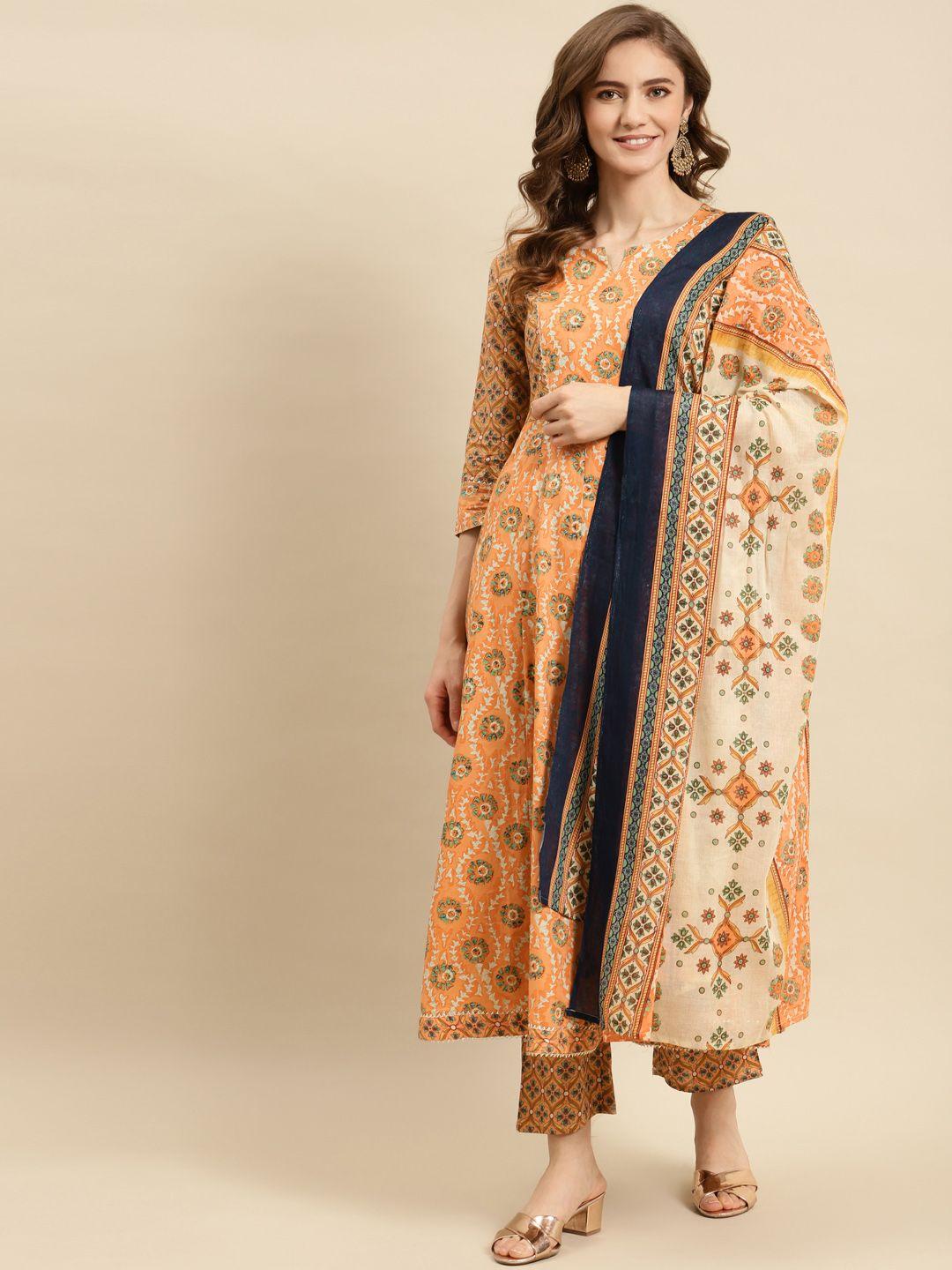 prakhya women orange ethnic motifs printed pure cotton kurta with palazzos & dupatta