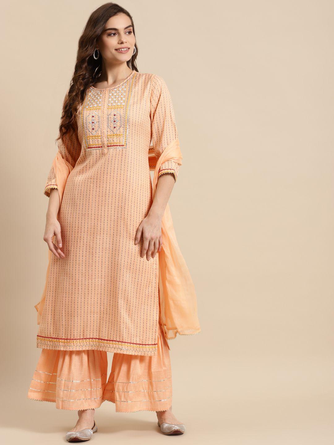 prakhya women peach-coloured ethnic motifs embroidered kurta with sharara & with dupatta