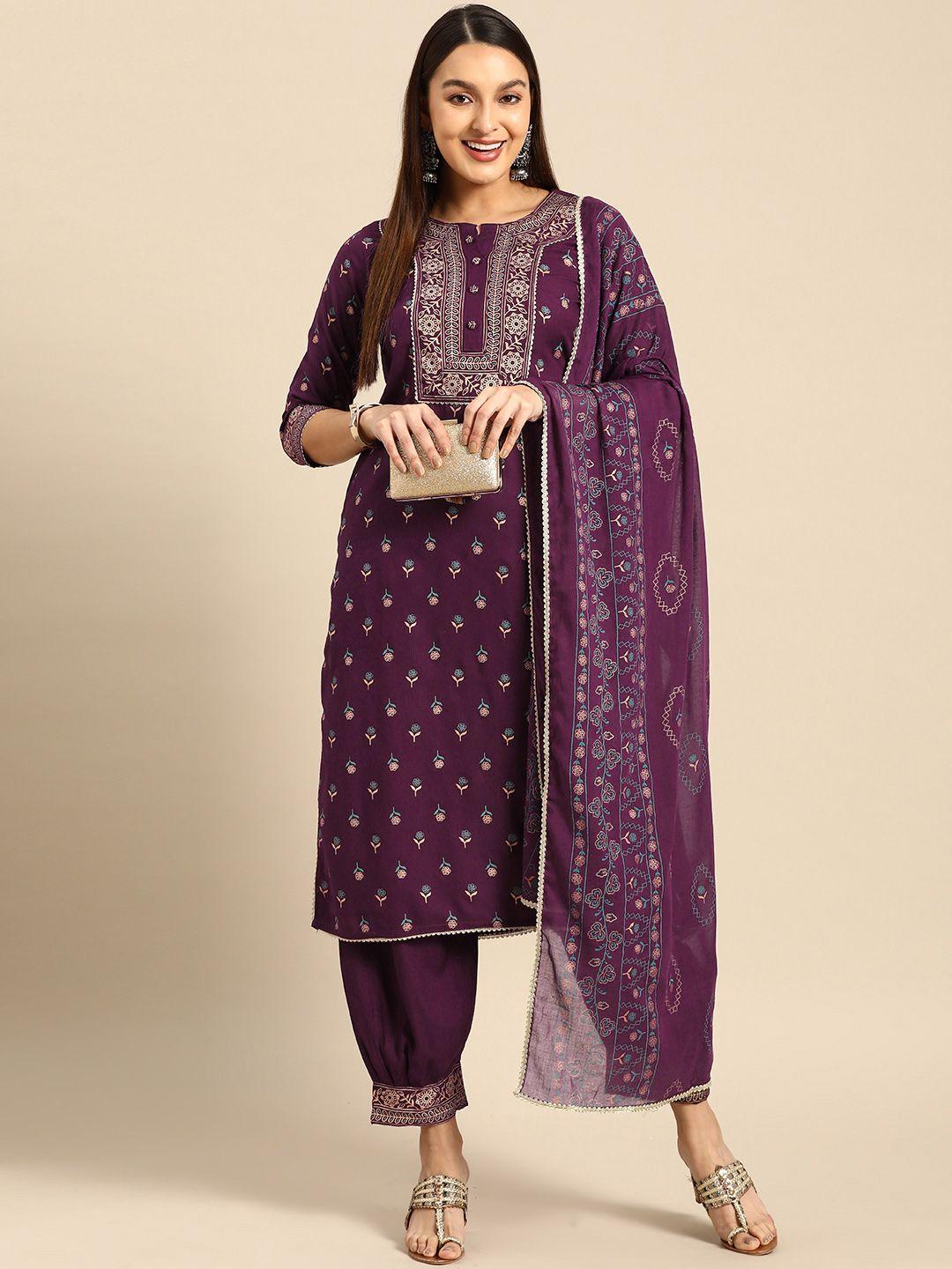 prakhya women purple ethnic motifs printed kurta with palazzos & dupatta