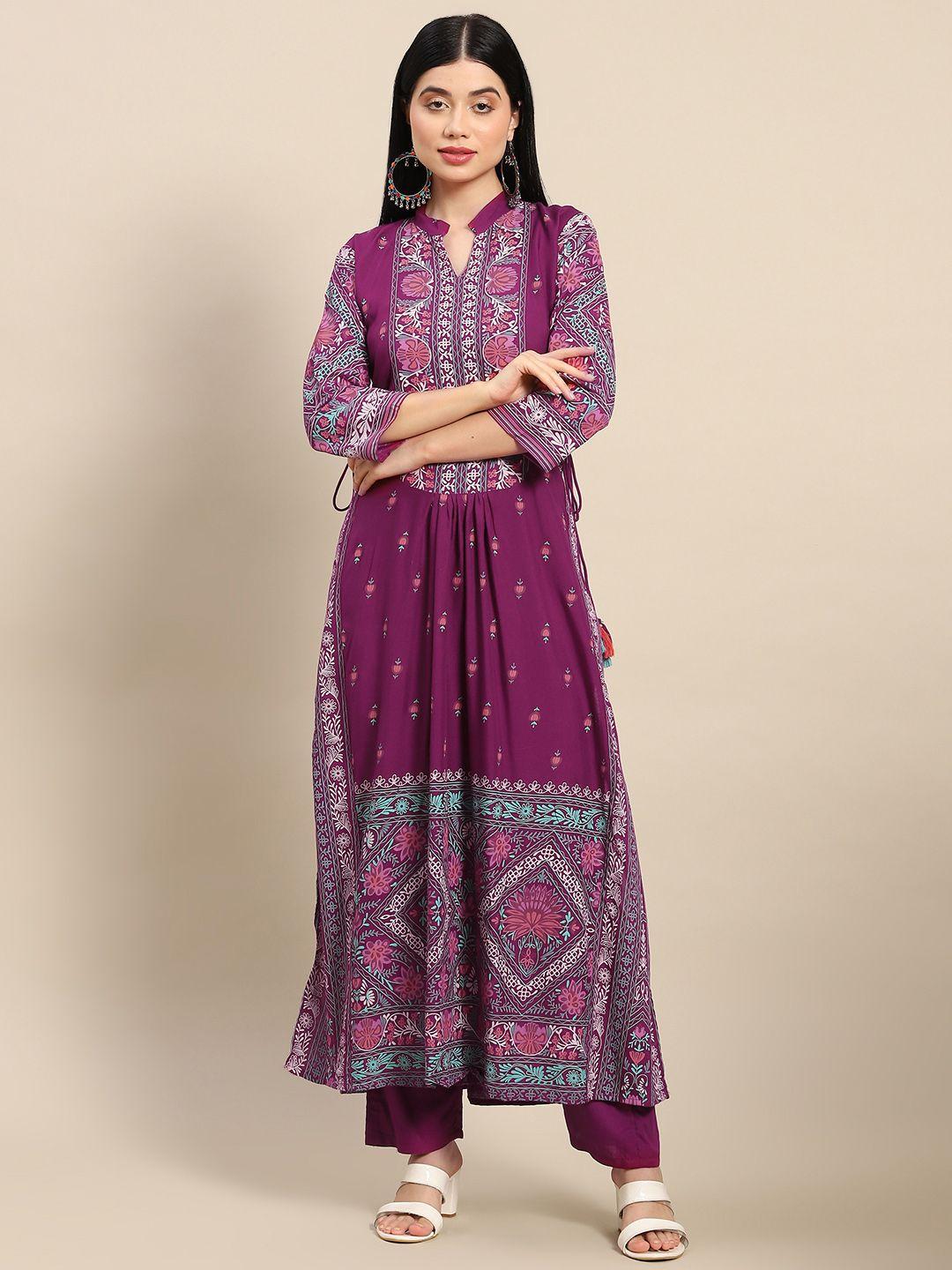 prakhya women red floral printed pleated kurta with palazzos