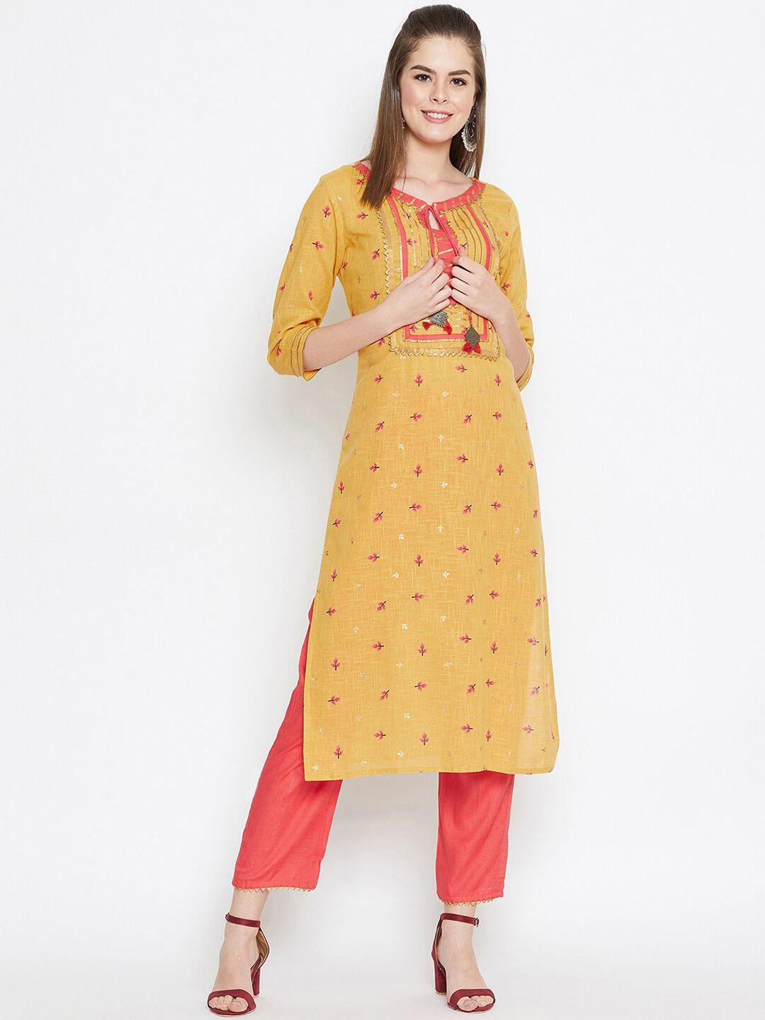 prakhya women yellow embroidered high slit pure cotton kurta with trousers