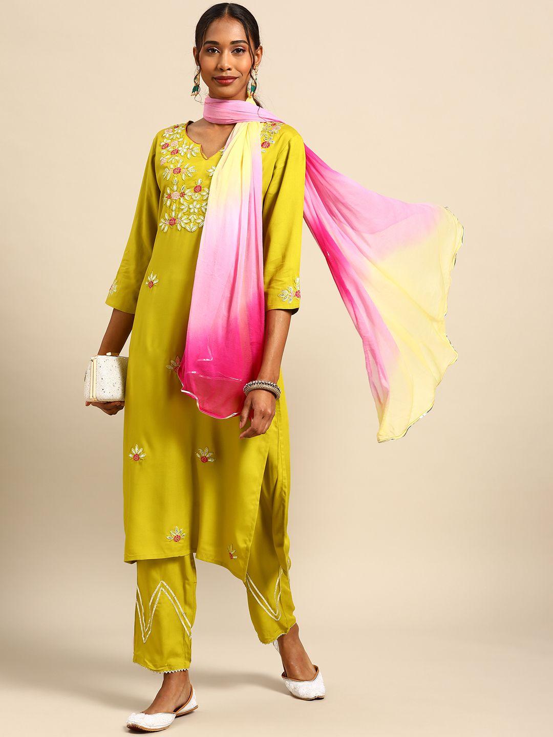 prakhya women yellow floral embroidered kurta with palazzos & dupatta