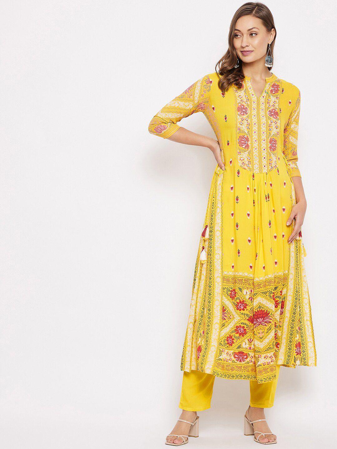 prakhya women yellow floral printed pleated kurti with trousers & with dupatta