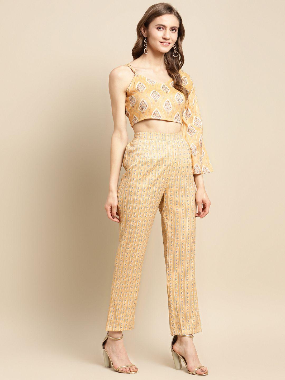 prakhya yellow & off white printed top with trousers