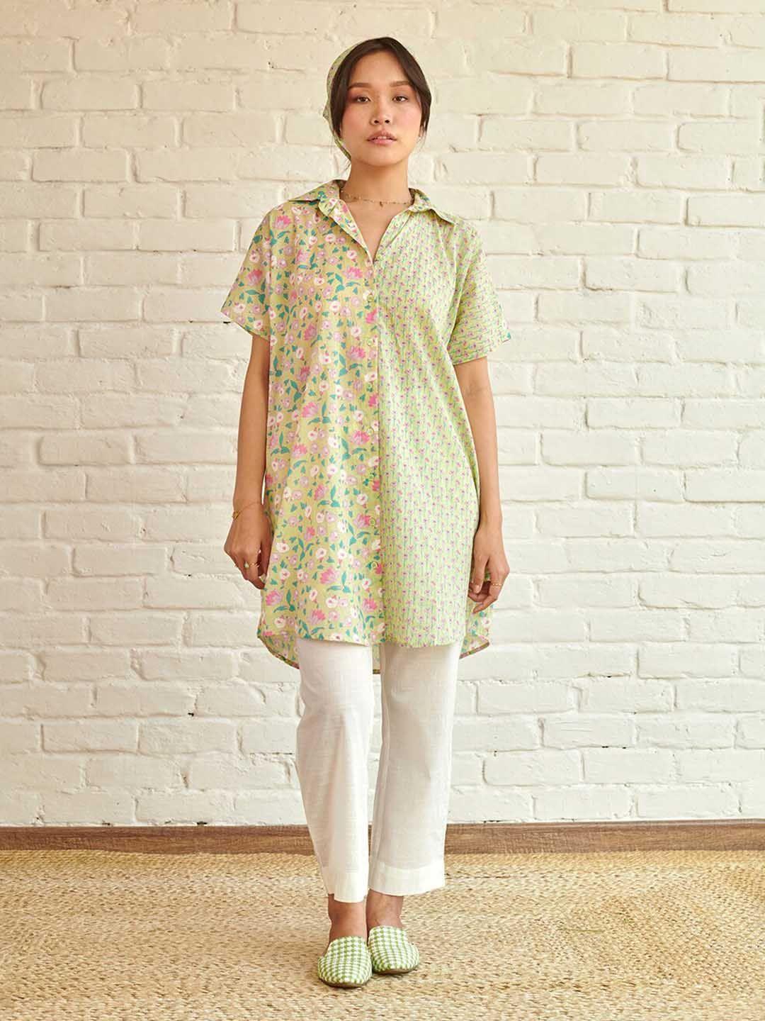 prakriti jaipur comfort printed longline casual cotton oversized shirt