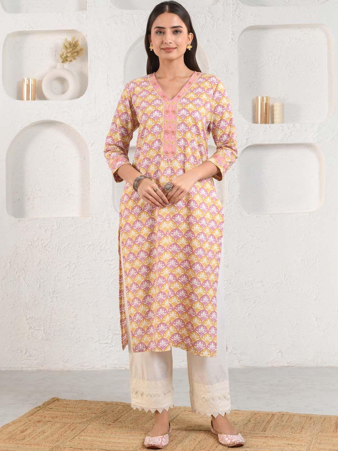 prakriti jaipur ethnic motifs printed v-neck cotton straight kurta