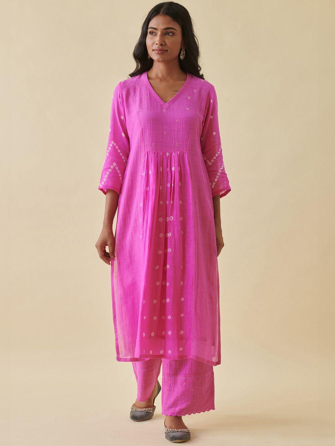 prakriti jaipur bandhani printed v-neck pleated cotton straight kurta