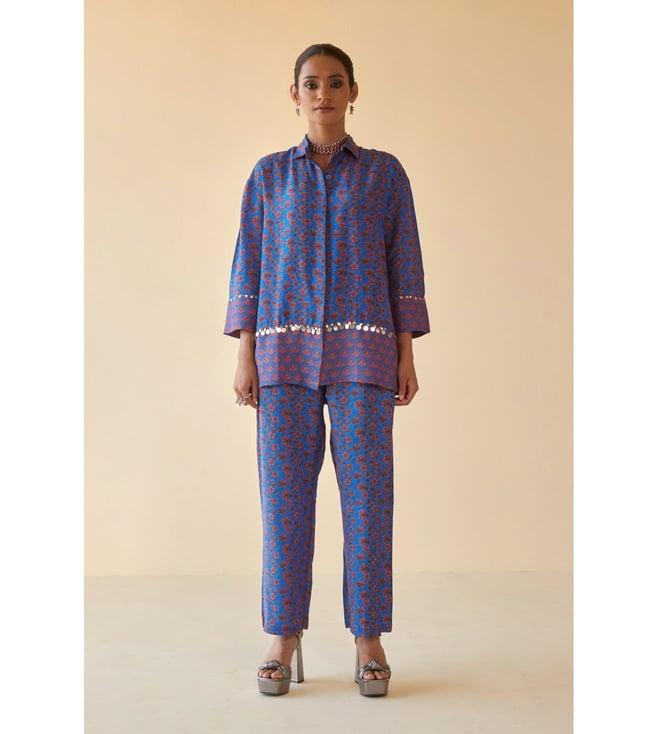 prakriti jaipur blue floral block shirt with pant co-ord set