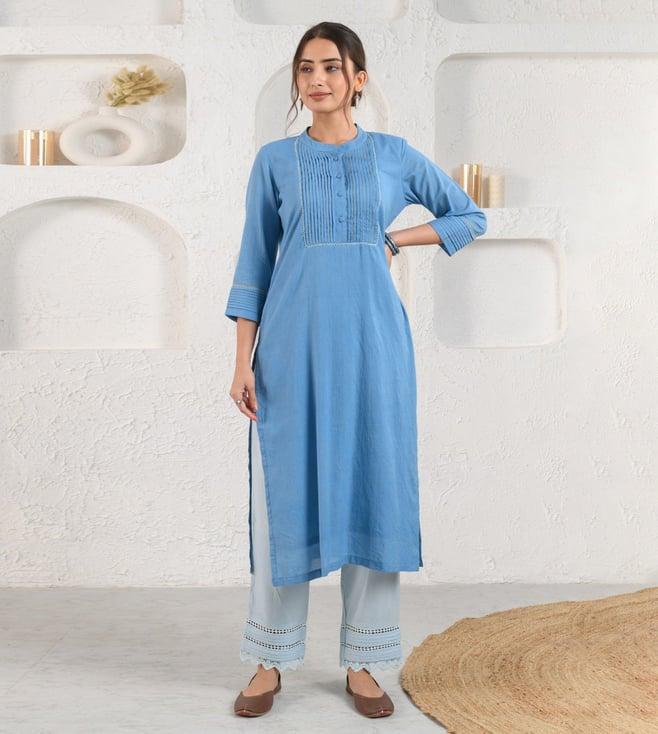 prakriti jaipur blue pleated dobby kurta