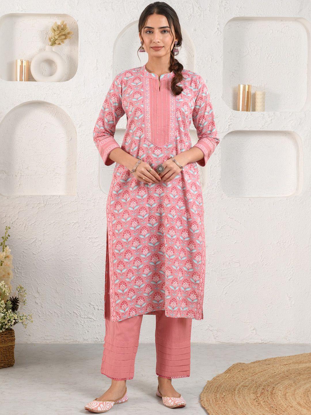 prakriti jaipur floral printed mandarin collar cotton straight kurta