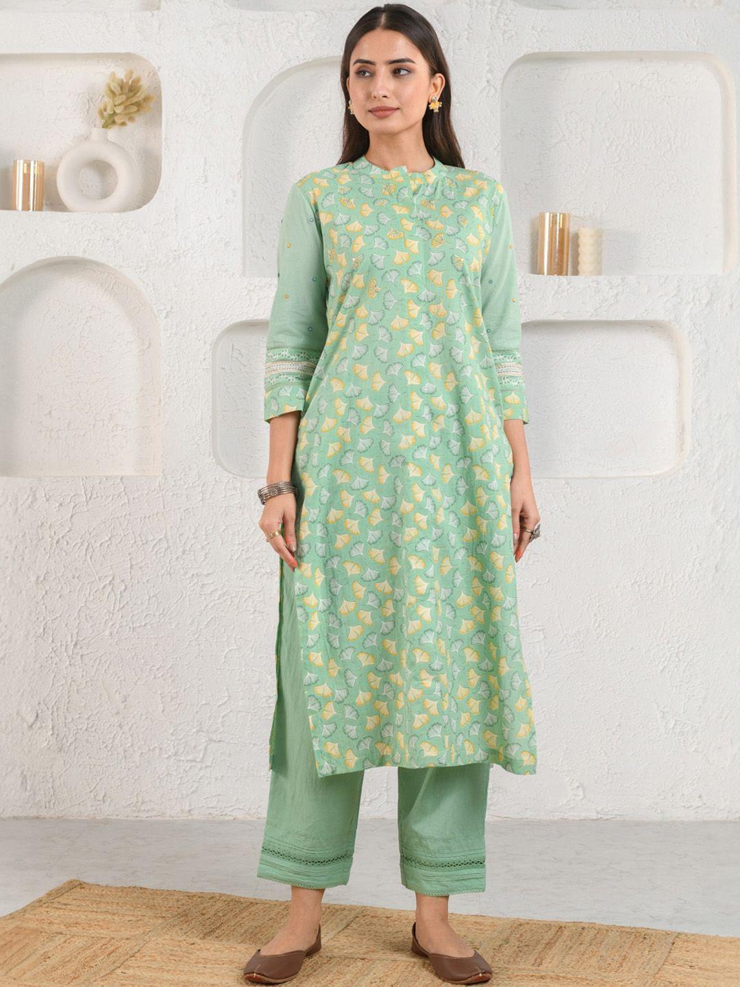 prakriti jaipur floral printed mandarin collar earthy cotton straight kurta