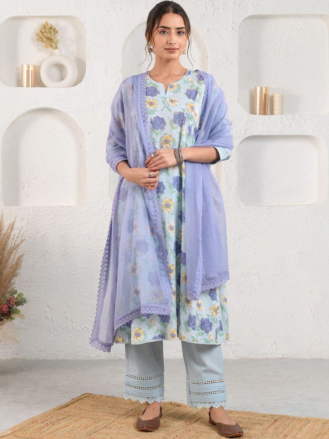 prakriti jaipur floral printed regular sequinned kurta with trousers & dupatta