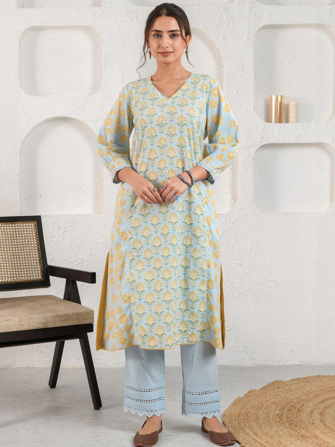 prakriti jaipur floral printed v-neck cotton a-line kurta