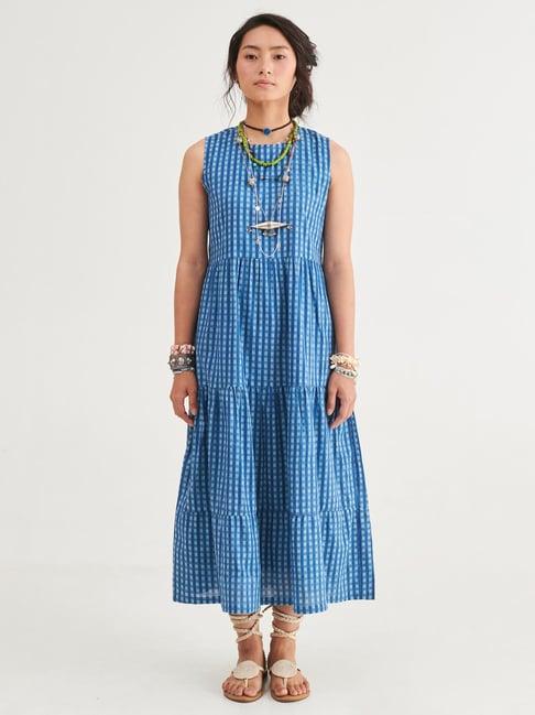 prakriti jaipur indigo checks sleeveless dress