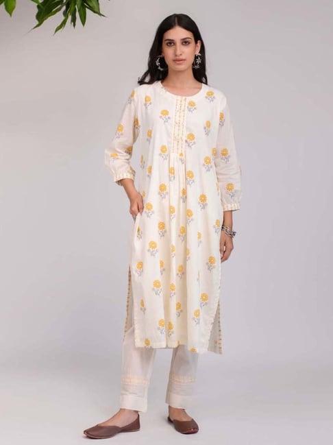 prakriti jaipur multi-color phool mandi white yellow flower kurta